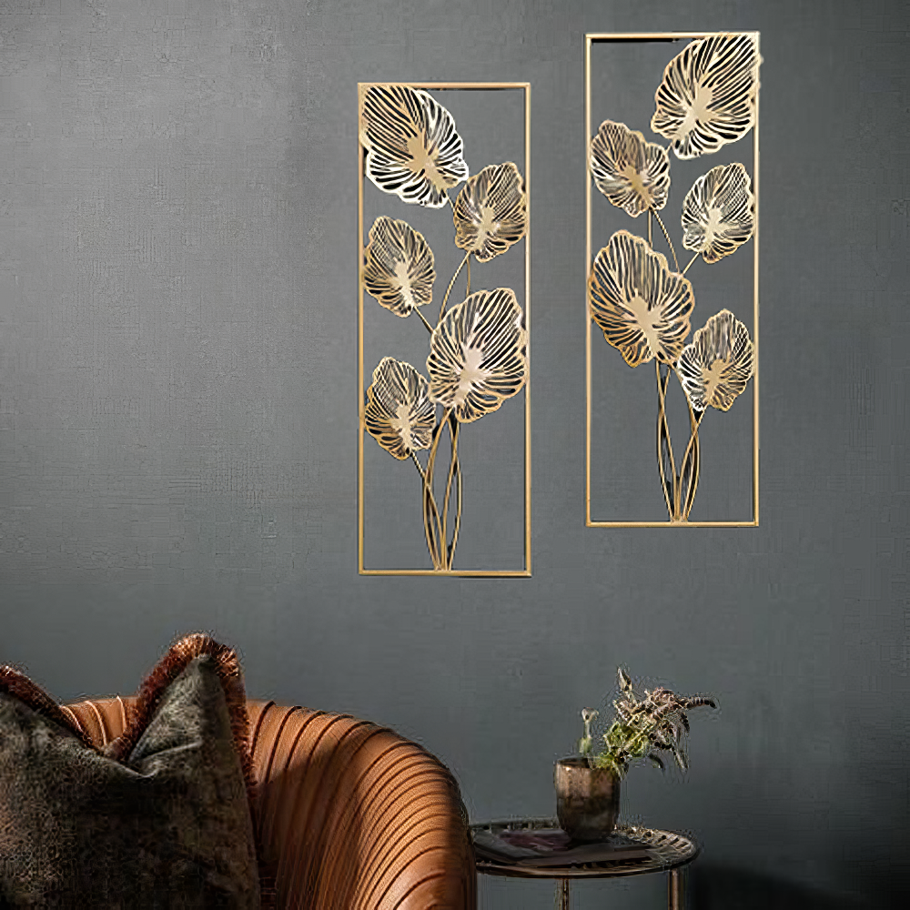 Tablou canvas decorativ cu set doua decoratiuni metalice frunze